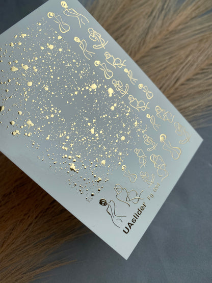 Nail Water Decal Fg-034 | Abstract Women Silhouette Nail Water Decals with Gold Splashes | Modern Artistic Nail Art