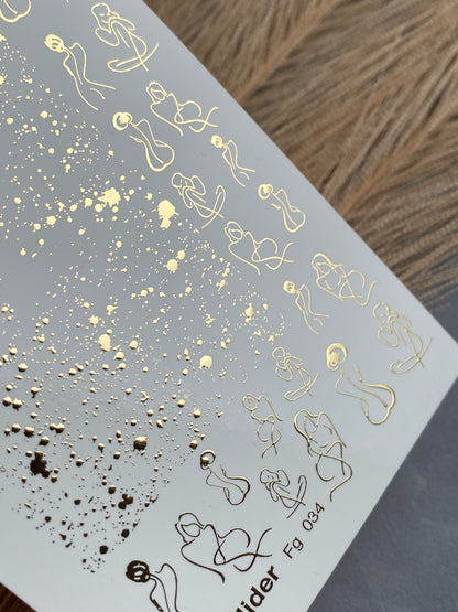 Nail Water Decal Fg-034 | Abstract Women Silhouette Nail Water Decals with Gold Splashes | Modern Artistic Nail Art