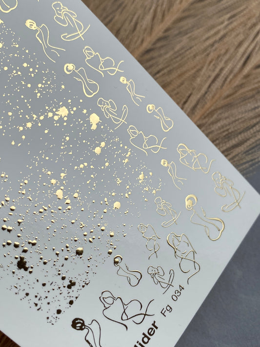 Nail Water Decal Fg-034 | Abstract Women Silhouette Nail Water Decals with Gold Splashes | Modern Artistic Nail Art