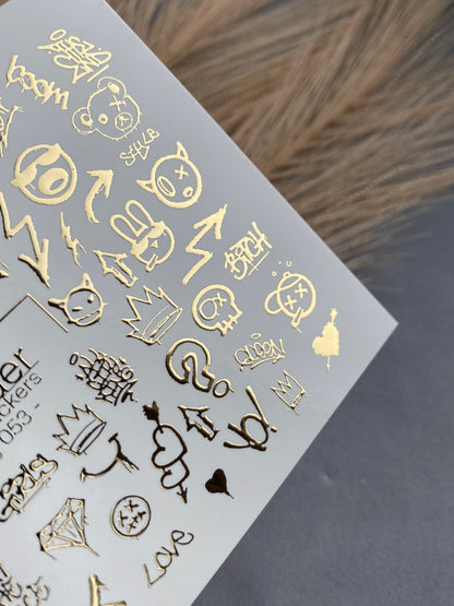 Adesivo per unghie Fg-053 | Adesivi per unghie a trasferimento ad acqua stile graffiti | Simboli urbani e arte per unghie dorata