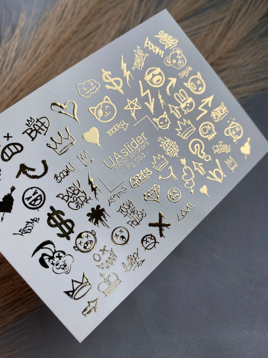 Nail Water Decal Fg-053 | Water Slide Nail Decals Graffiti Style | Urban Symbols and Gold Nail Art