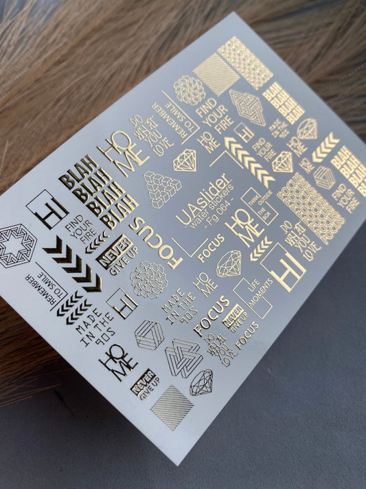 Nail Water Decal Fg-064 | Gold Foil Water Slide Nail Decals | Geometric Shapes & Motivational Words