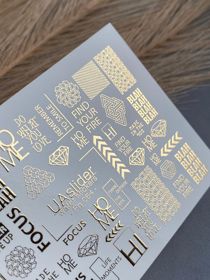 Nagel Wasserabziehbild Fg-064 | Goldfolie Wasser-Schiebefolie Nagelabziehbilder | Geometrische Formen & Motivationswörter