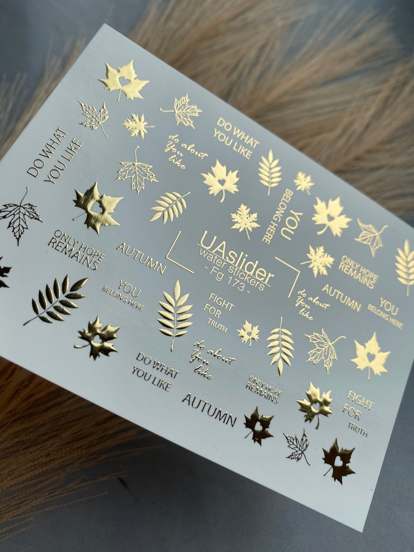 Nail Water Decal Fg-173 | Gold Foil Water Slide Nail Decals | Autumn Leaves & Inspirational Quotes - UASLIDER