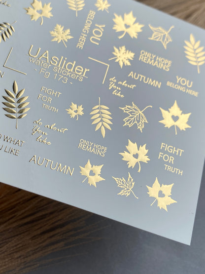 Nail Water Decal Fg-173 | Gold Foil Water Slide Nail Decals | Autumn Leaves & Inspirational Quotes