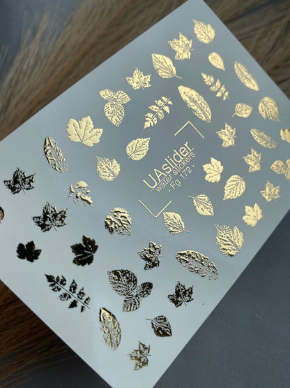 Nail Water Decal Fg-172 | Gold Foil Water Slide Nail Decals | Detailed Autumn Leaves