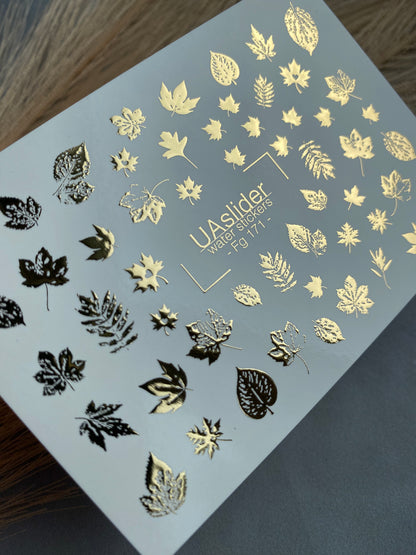 Nail Water Decal Fg-171 | Gold Foil Water Slide Nail Decals | Autumn Leaves & Nature Elements