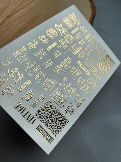 Nail Water Decal Fg-075 | Gold Foil Water Slide Nail Decals | Fashion Words & Leopard Print