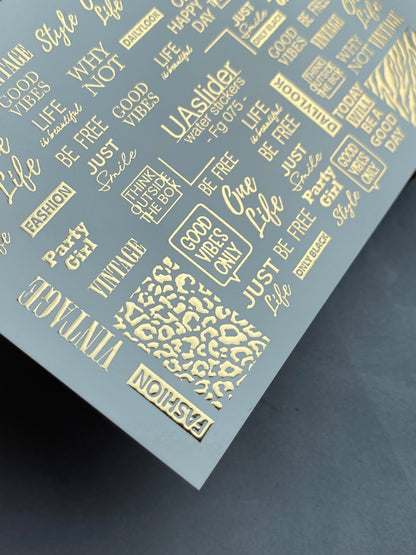 Nail Water Decal Fg-075 | Gold Foil Water Slide Nail Decals | Fashion Words & Leopard Print