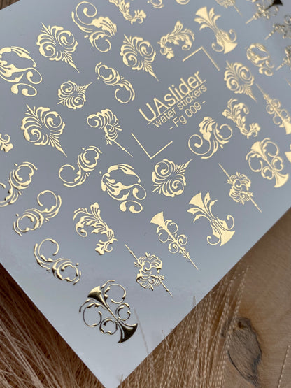 Nail Water Decal Fg-009 | Baroque Water Slide Nail Decals with Gold Foil | Ornamental Luxury Designs
