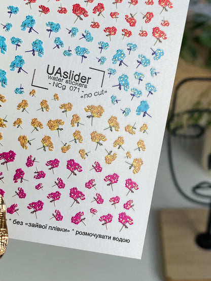 Nail Water Decal NCg-071 | Water Slide Nail Decals Tiny Colorful Flowers | Red, Blue, Yellow and Pink Blossoms