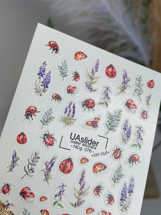 Nail Water Decal NCg-076 | Water Slide Nail Decals Ladybugs and Lavender | Nature Inspired Nail Art