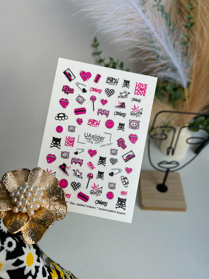 Nail Water Decal NCg-077 | Water Slide Nail Decals Emo Punk Style | Pink and Black Icons