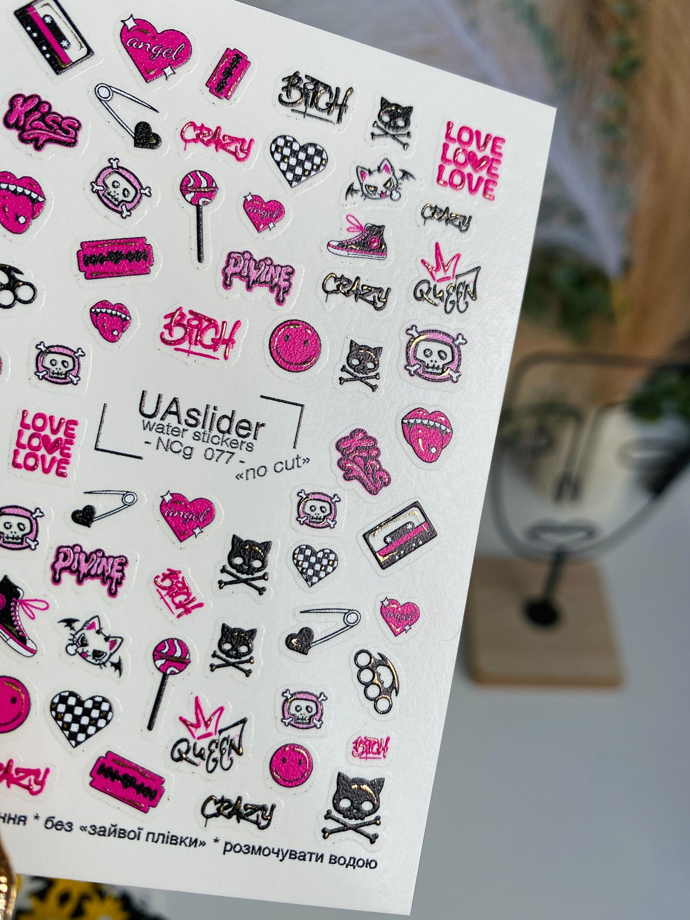 Nail Water Decal NCg-077 | Water Slide Nail Decals Emo Punk Style | Pink and Black Icons