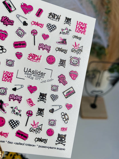 Nail Water Decal NCg-077 | Water Slide Nail Decals Emo Punk Style | Pink and Black Icons