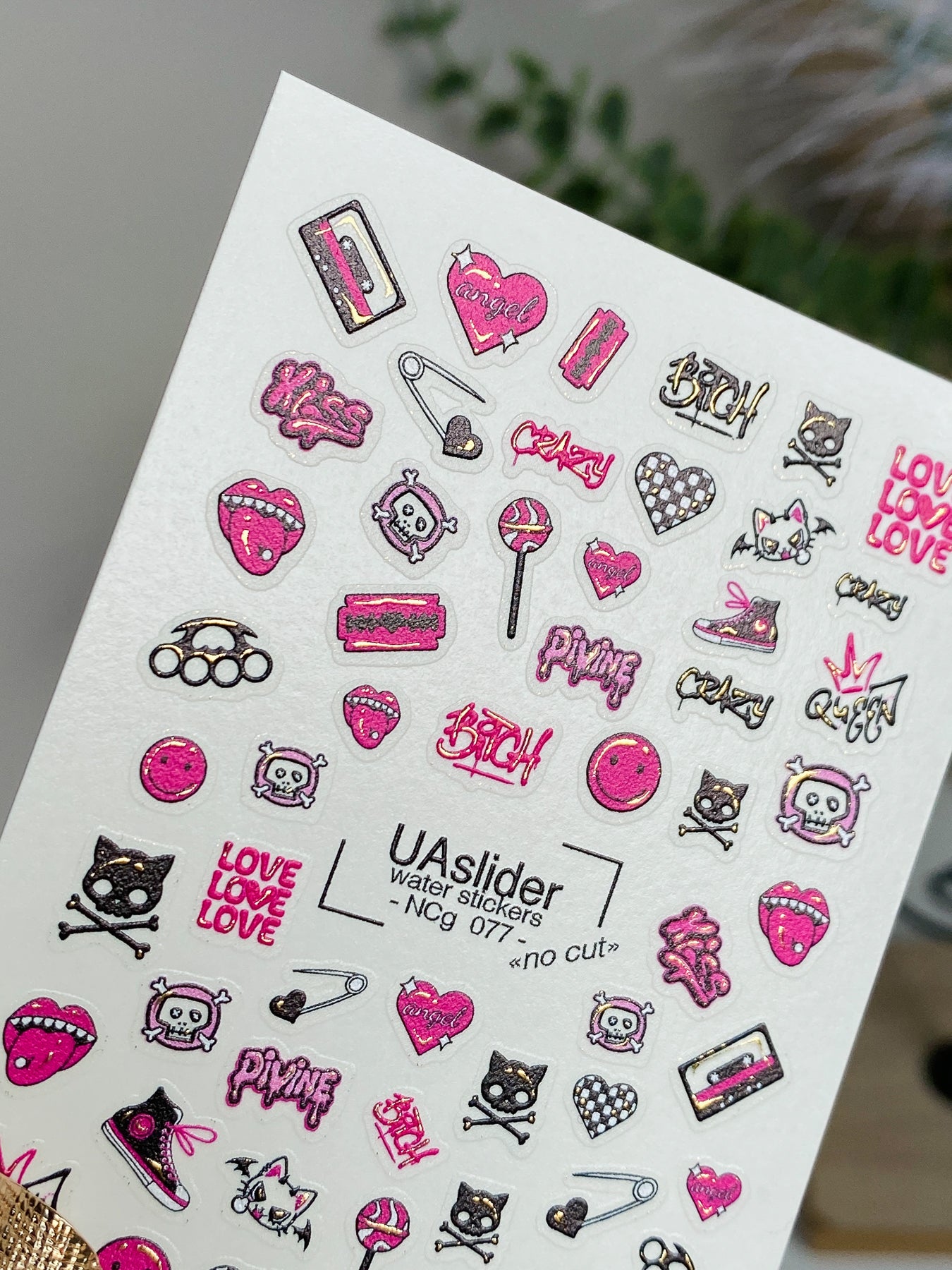 Nail Water Decal NCg-077 | Water Slide Nail Decals Emo Punk Style | Pink and Black Icons - UASLIDER