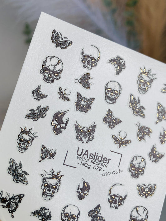 Nail Water Decal NCg-072 | Water Slide Nail Decals Skulls and Gothic Butterflies | Dark Nail Art