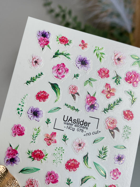 Nail Water Decal NCg-078 | Water Slide Nail Decals Pink and Purple Flowers | Romantic Floral Nail Art