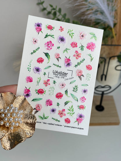 Nail Water Decal NCg-078 | Water Slide Nail Decals Pink and Purple Flowers | Romantic Floral Nail Art