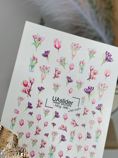 Nagel Water Decal NCg-066 | Water Slide Nagel Decals Lente Tulpen en Krokussen | Fijne Bloemenboeketten