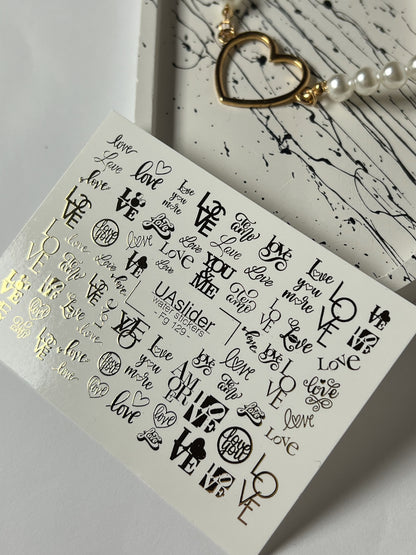 Nail Water Decal Fg-129 | Water Slide Nail Decals with Gold Love Letters | Romantic Nail Art