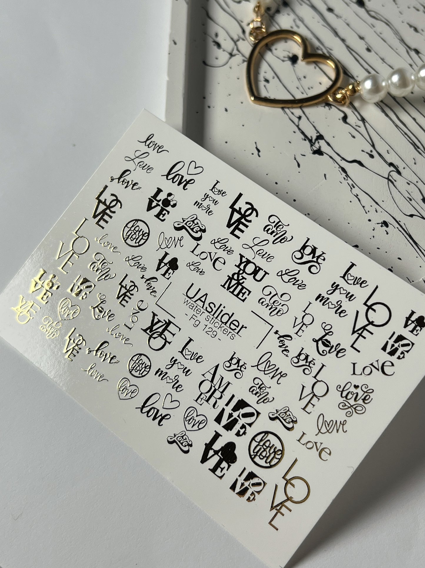 Nail Water Decal Fg-129 | Water Slide Nail Decals with Gold Love Letters | Romantic Nail Art