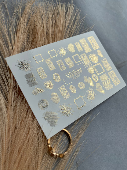 Nail Water Decal Fg-029 | Abstract Sketch Water Slide Nail Decals with Gold Foil | Artistic Line and Shape Designs
