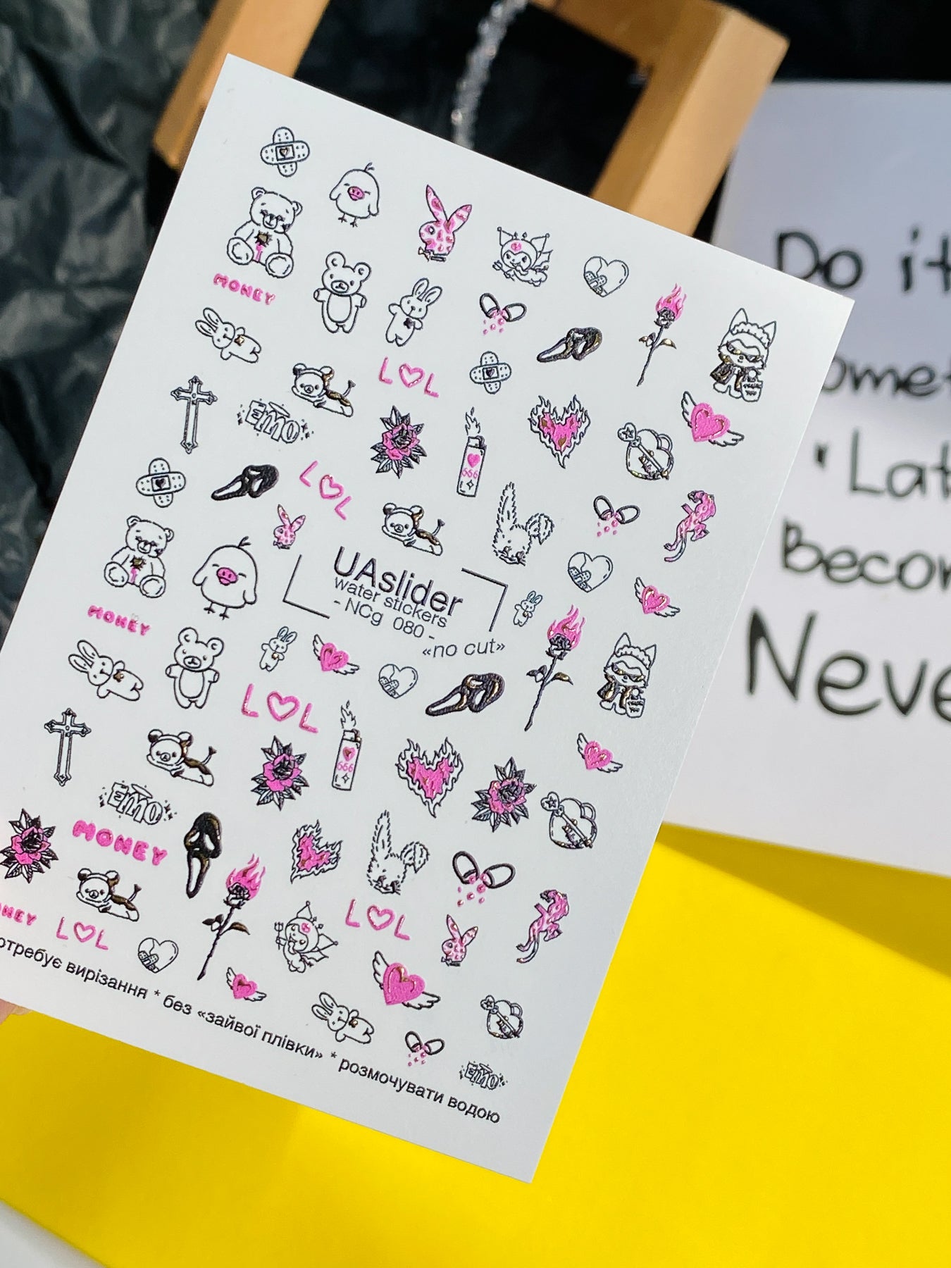 Nail Water Decal NCg-080 | Water Slide Nail Decals Emo Style | Bears, Hearts and Cute Dark Icons