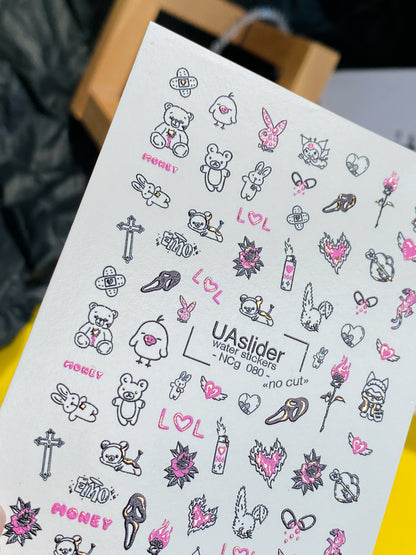Nail Water Decal NCg-080 | Water Slide Nail Decals Emo Style | Bears, Hearts and Cute Dark Icons