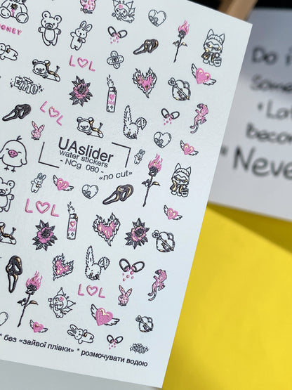 Nail Water Decal NCg-080 | Water Slide Nail Decals Emo Style | Bears, Hearts and Cute Dark Icons