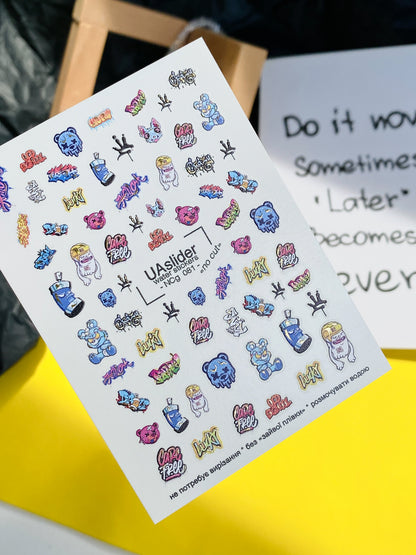 Nail Water Decal NCg-081 | Water Slide Nail Decals Graffiti Street Art | Bears, Tags and Neon Icons