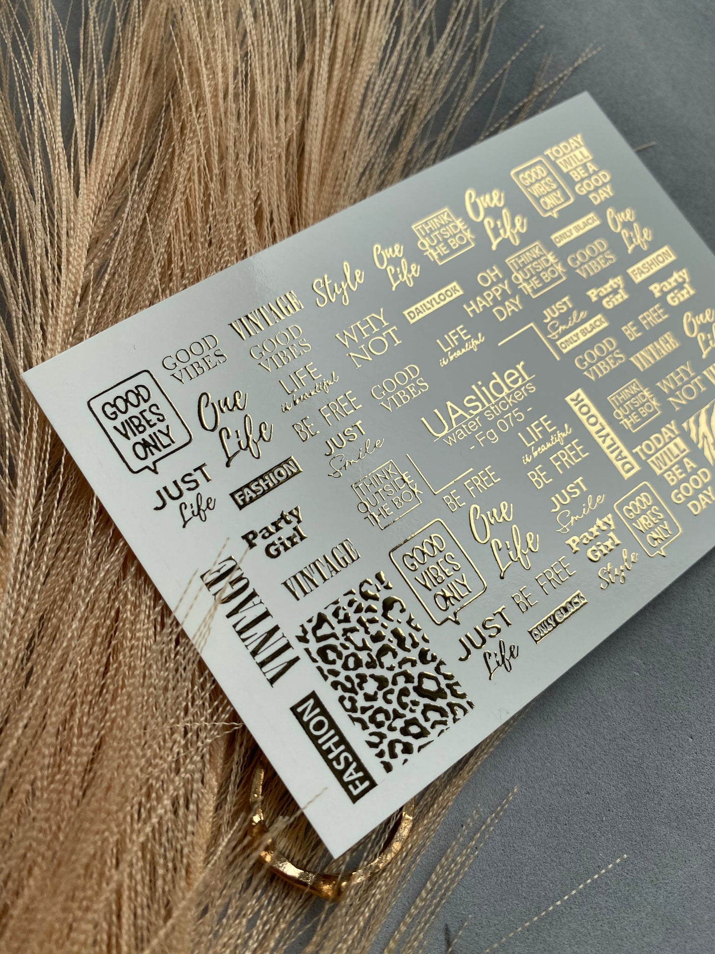 Nail Water Decal Fg-075 | Gold Foil Water Slide Nail Decals | Fashion Words & Leopard Print