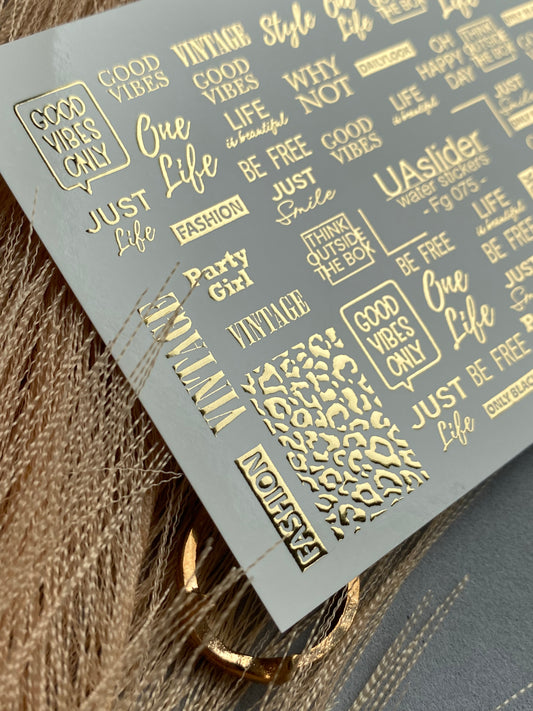 Nail Water Decal Fg-075 | Gold Foil Water Slide Nail Decals | Fashion Words & Leopard Print