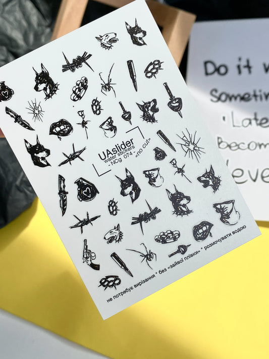 Nail Water Decal NCg-074 | Water Slide Nail Decals Dark Gothic Style | Doberman, Knives and Barbed Wire