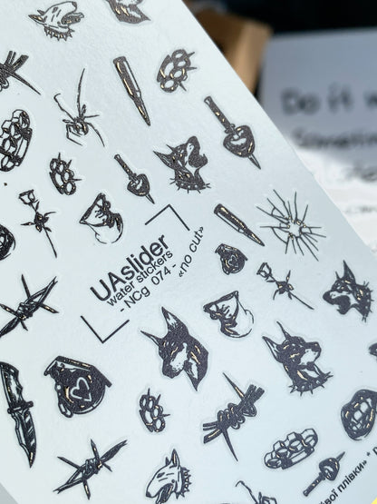 Nail Water Decal NCg-074 | Water Slide Nail Decals Dark Gothic Style | Doberman, Knives and Barbed Wire