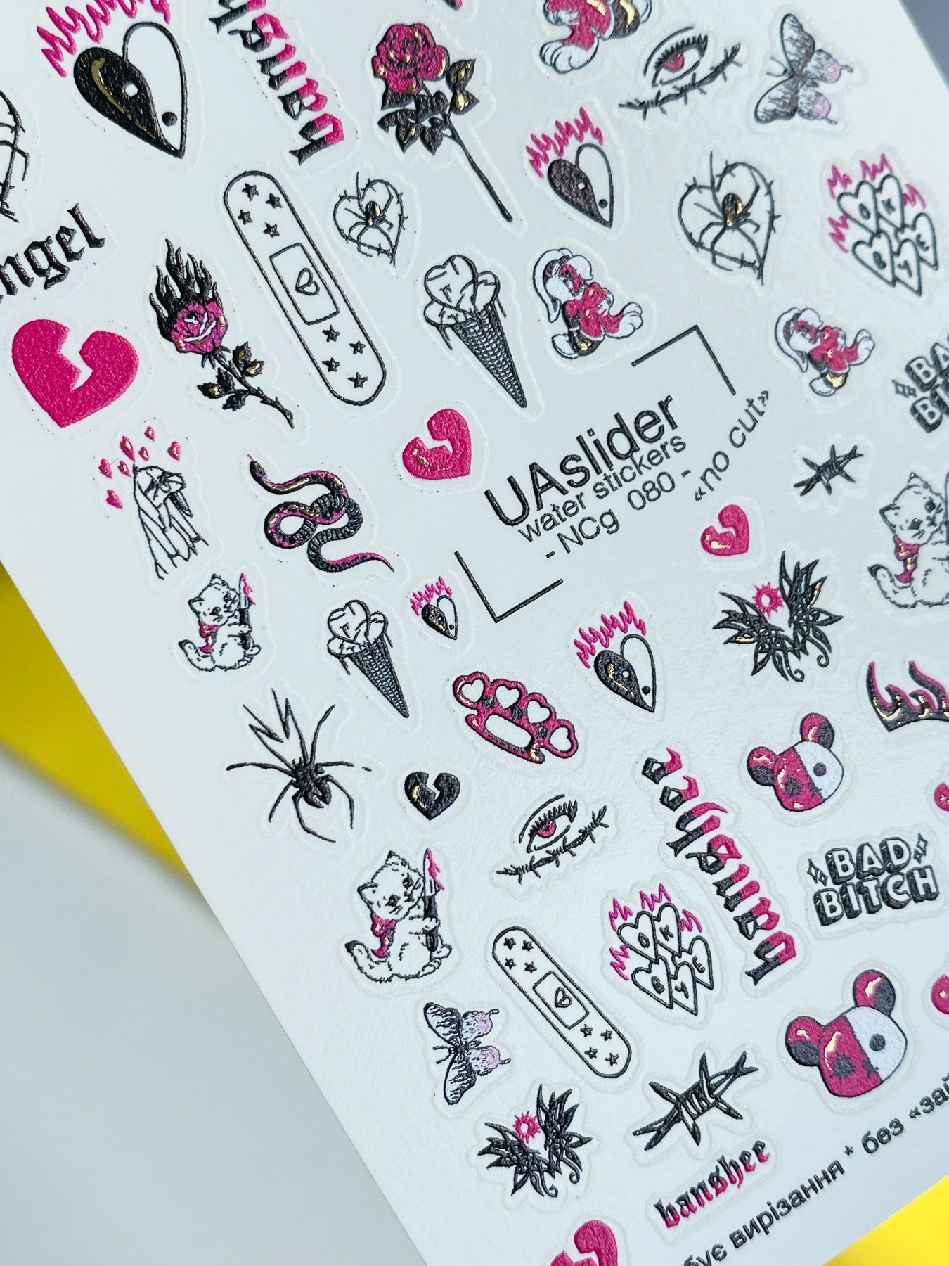 Nail Water Decal NCg-080 | Water Slide Nail Decals Emo Style | Bears, Hearts and Cute Dark Icons - UASLIDER