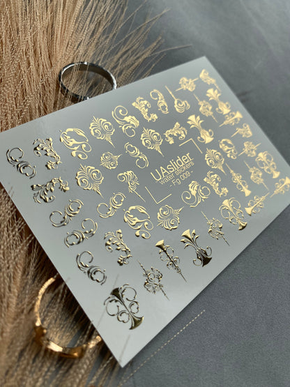 Nail Water Decal Fg-009 | Baroque Water Slide Nail Decals with Gold Foil | Ornamental Luxury Designs