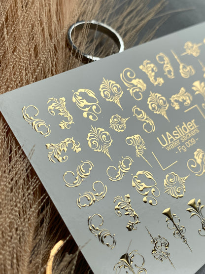 Nail Water Decal Fg-009 | Baroque Water Slide Nail Decals with Gold Foil | Ornamental Luxury Designs