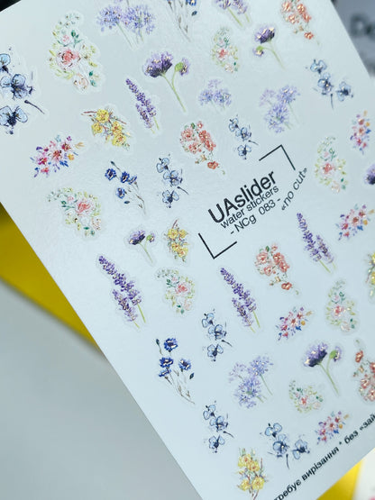 Adesivo per unghie NCg-083 | Adesivi per unghie a scivolamento ad acqua Fiori selvatici | Lavanda, Fiordalisi e Bouquet floreali