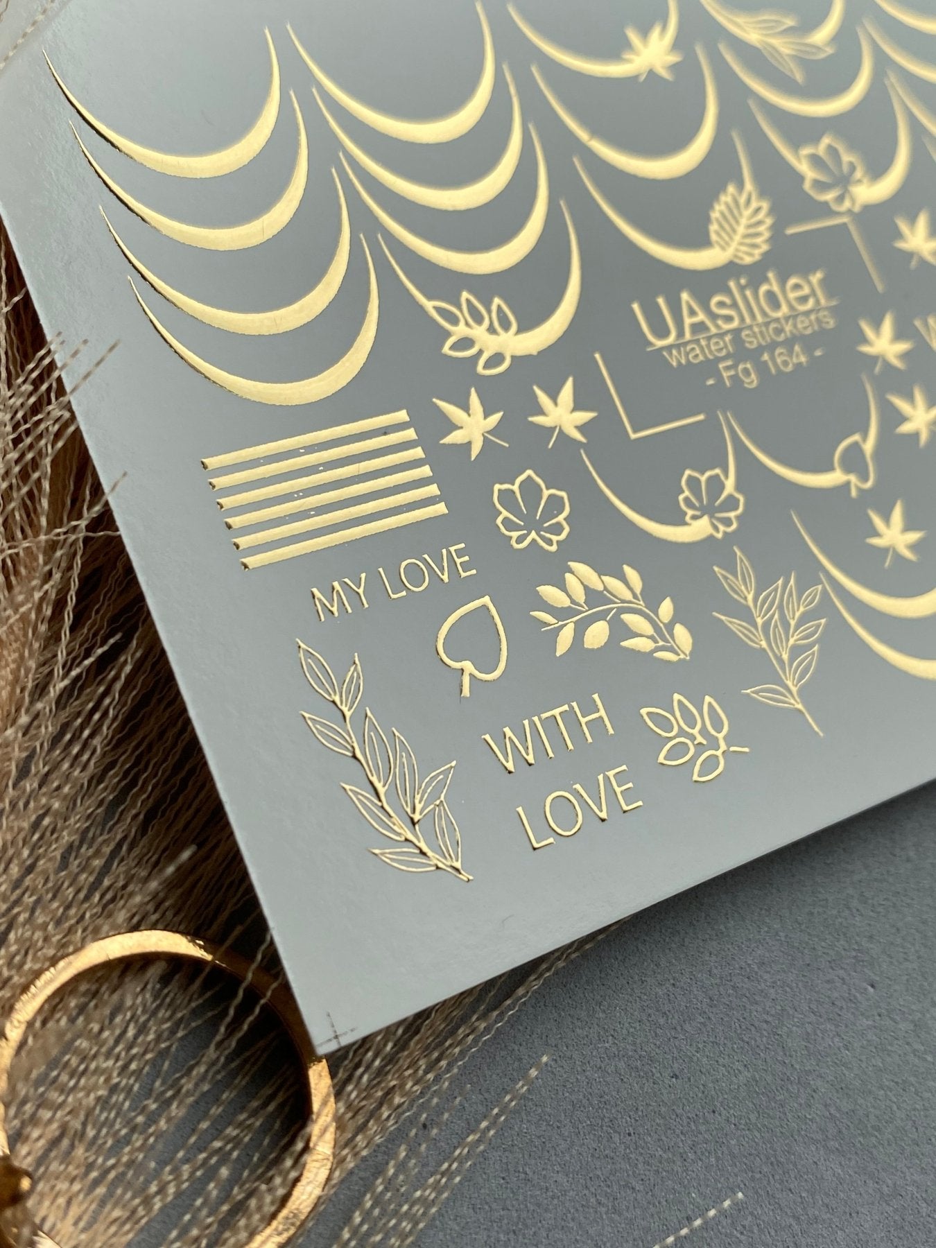 Nail Water Decal Fg-164 | Gold Foil Water Slide Nail Decals | French Lines & Botanical Accents - UASLIDER