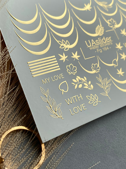 Nail Water Decal Fg-164 | Gold Foil Water Slide Nail Decals | French Lines & Botanical Accents
