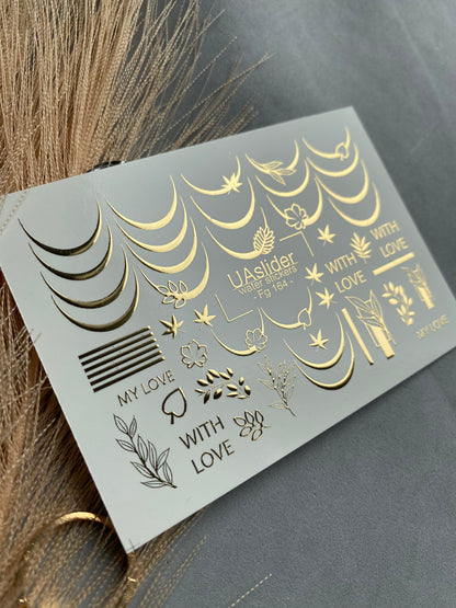 Nail Water Decal Fg-164 | Gold Foil Water Slide Nail Decals | French Lines & Botanical Accents