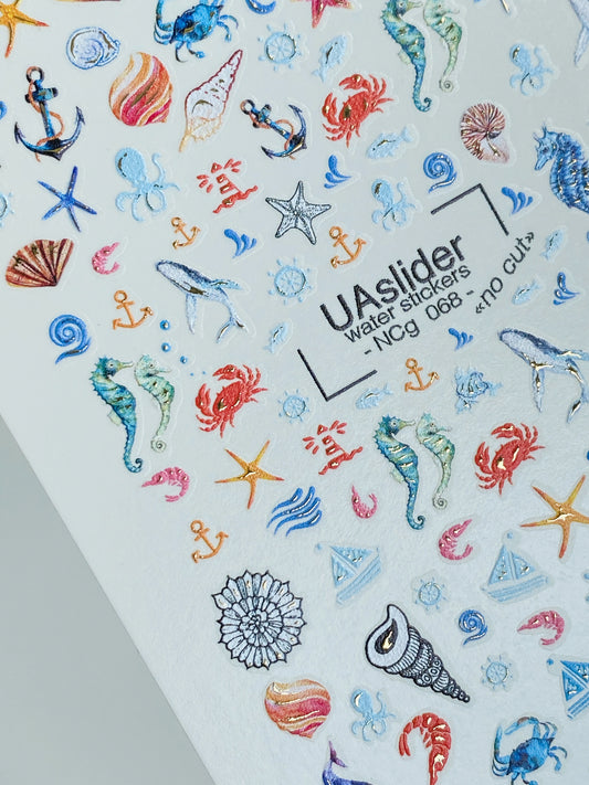 Nail Water Decal NCg-068 | Water Slide Nail Decals Ocean Theme | Seashells, Dolphins and Sea Horses