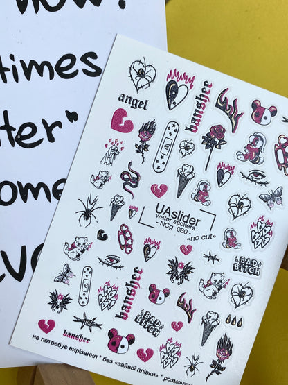 Nail Water Decal NCg-080 | Water Slide Nail Decals Emo Style | Bears, Hearts and Cute Dark Icons