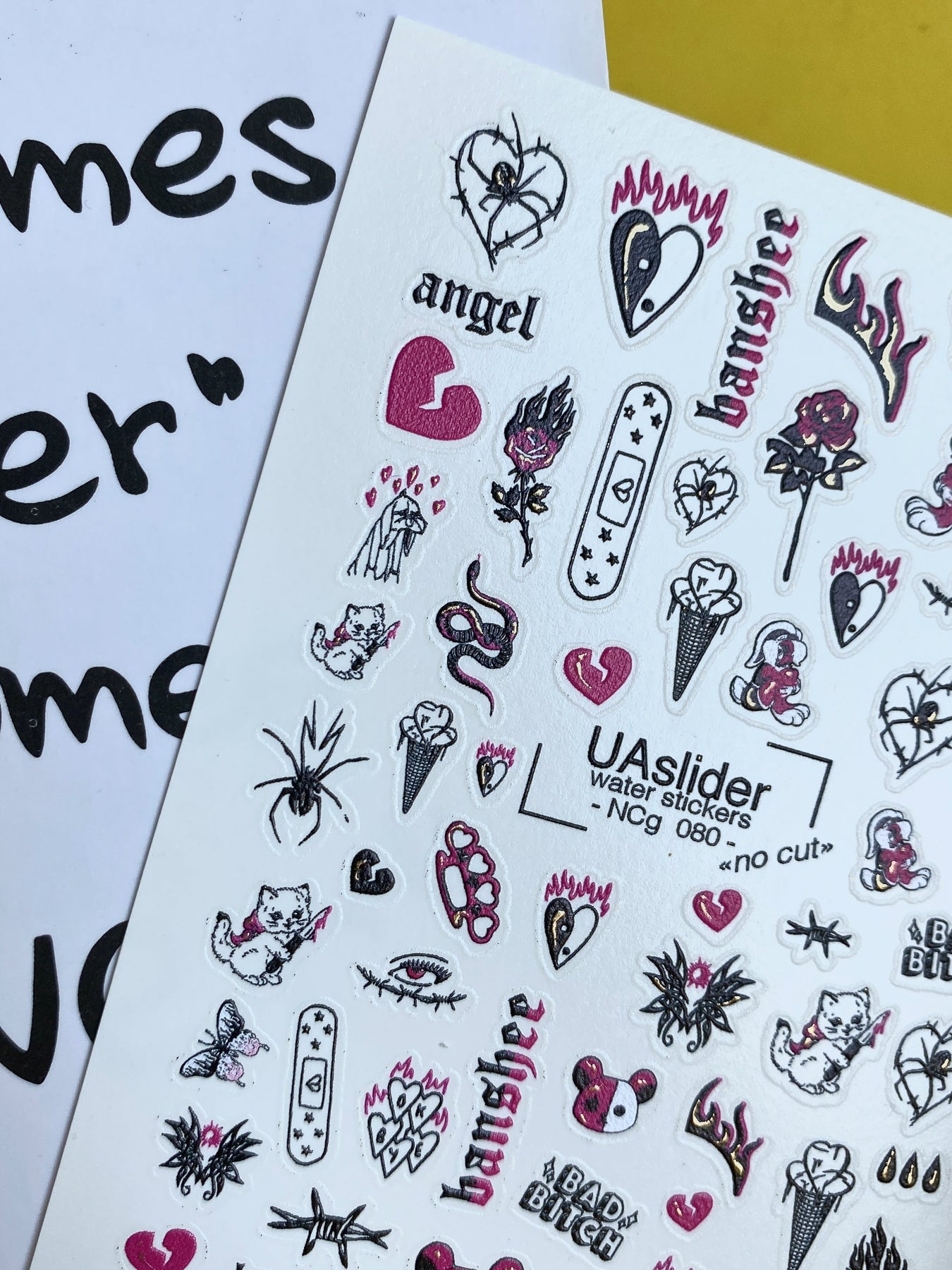 Nail Water Decal NCg-080 | Water Slide Nail Decals Emo Style | Bears, Hearts and Cute Dark Icons - UASLIDER
