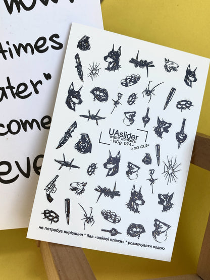 Nail Water Decal NCg-074 | Water Slide Nail Decals Dark Gothic Style | Doberman, Knives and Barbed Wire