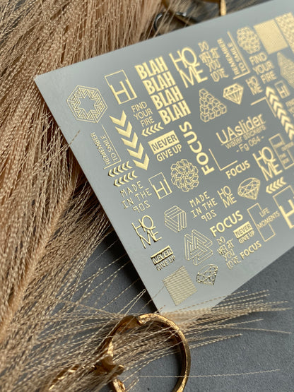 Nagel Wasserabziehbild Fg-064 | Goldfolie Wasser-Schiebefolie Nagelabziehbilder | Geometrische Formen & Motivationswörter