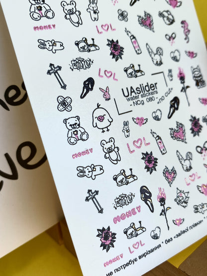 Nail Water Decal NCg-080 | Water Slide Nail Decals Emo Style | Bears, Hearts and Cute Dark Icons