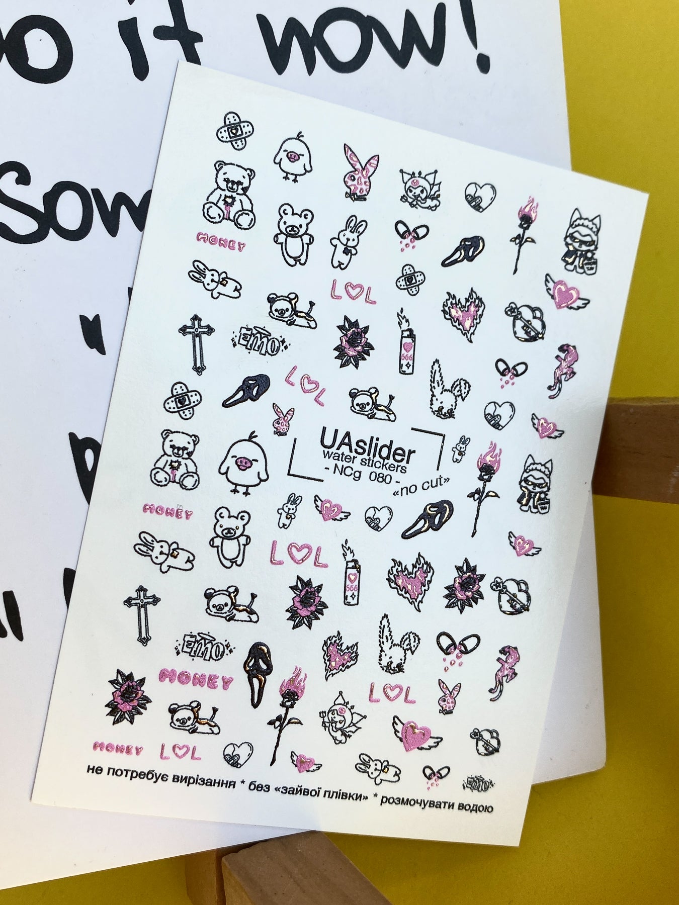 Nail Water Decal NCg-080 | Water Slide Nail Decals Emo Style | Bears, Hearts and Cute Dark Icons - UASLIDER