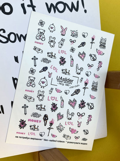 Nail Water Decal NCg-080 | Water Slide Nail Decals Emo Style | Bears, Hearts and Cute Dark Icons